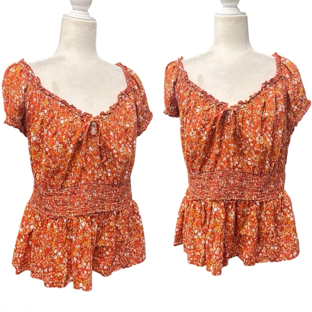 Old Navy Top Womens Size XXL Smocked Peplum Floral V-Neck Cap Sleeve Cottagecore